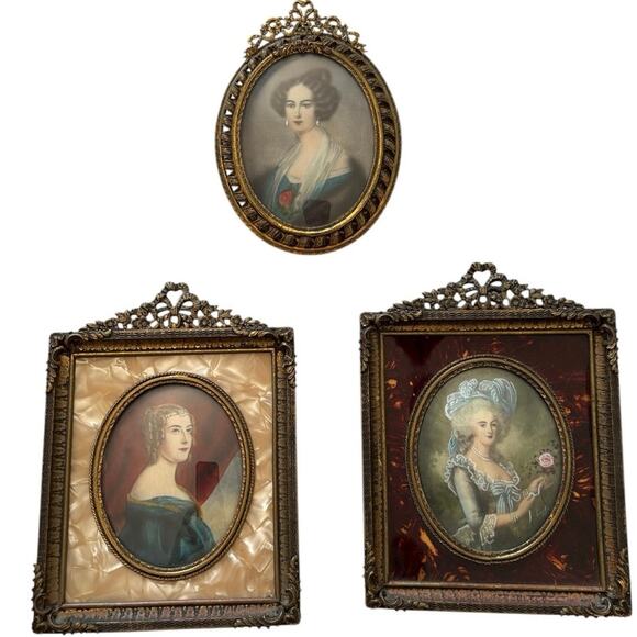 Set Of 3 19C French Miniature Portrait Paintings Artist Signed Gilt Frames - Picture 1 of 15
